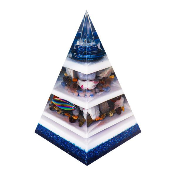Pronta Entrega - Orgonite Pirâmide de 26cm com Hematitas Magnetizadas - Azul