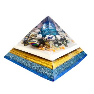 Pronta Entrega – Orgonite Pirâmide de Gizé 30cm com Hematitas Magnetizadas - Azul/Dourada
