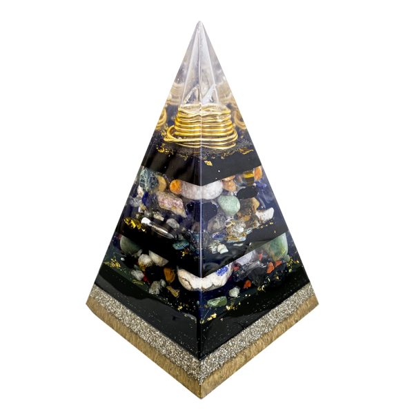 Pronta Entrega - Orgonite Pirâmide de 26cm com Hematitas Magnetizadas - Dourada/Preta