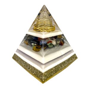 Pronta Entrega - Orgonite Pirâmide de 16cm com Hematitas Magnetizadas - Dourada